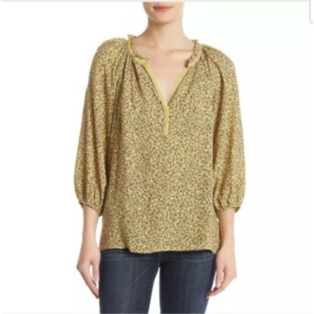 Max Studio Peasant Blouse Size‎ L Butter Yellow Ditzy Floral Print BOHO Coquette